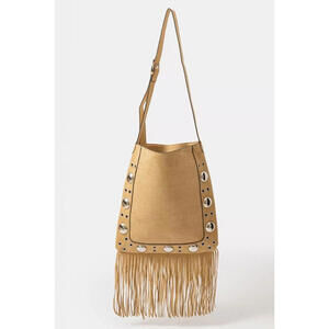 Fame Faux Suede Grommet Accent Fringe Tote Bag
